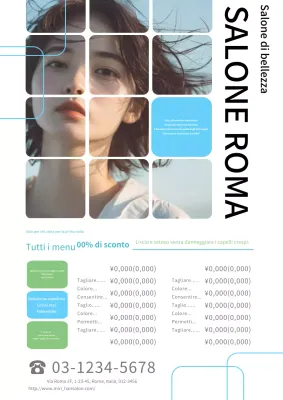 Pubblicità semplice e moderna di un salone di parrucchieri in bianco e blu