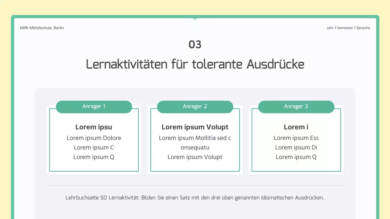 Ein grünes und gelbes Buchkonzept für den Unterricht von koreanischen Redewendungen in der Mittelstufe