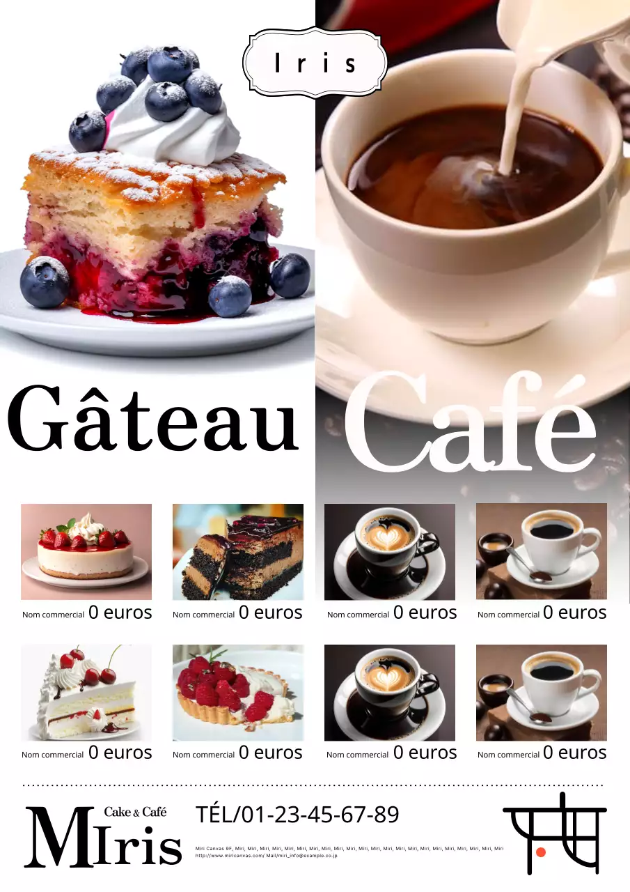 Publicité de café pour des gâteaux blancs simples et du café.