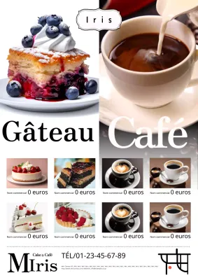 Publicité de café pour des gâteaux blancs simples et du café.