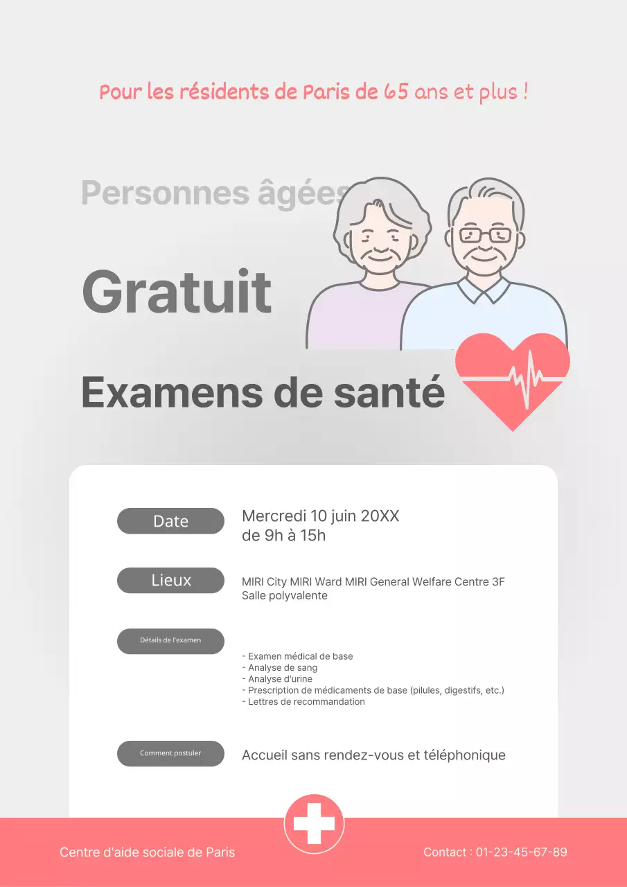 Une simple annonce, en gris et rose, de bilans de santé gratuits pour les personnes âgées