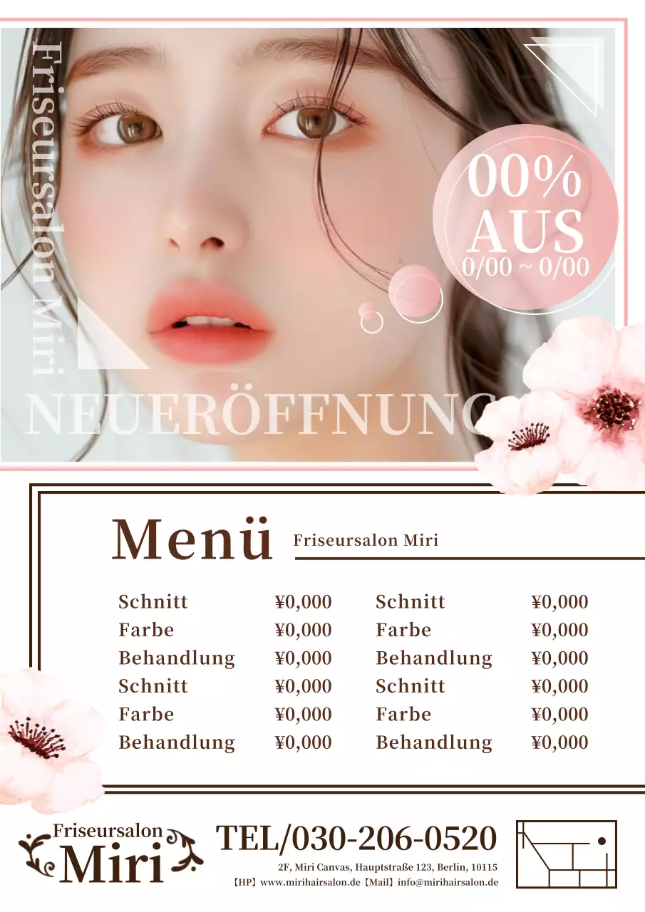 Eine stilvolle und niedliche Friseurwerbung in Rosa und Weiß mit einem rosa und weißen Farbschema.