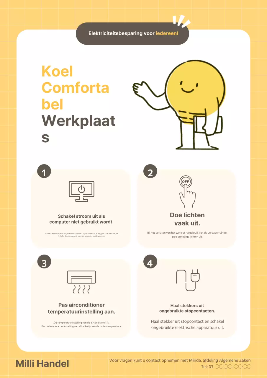Eenvoudige geel-witte campagne met verzoek om medewerking aan elektriciteitsbesparing