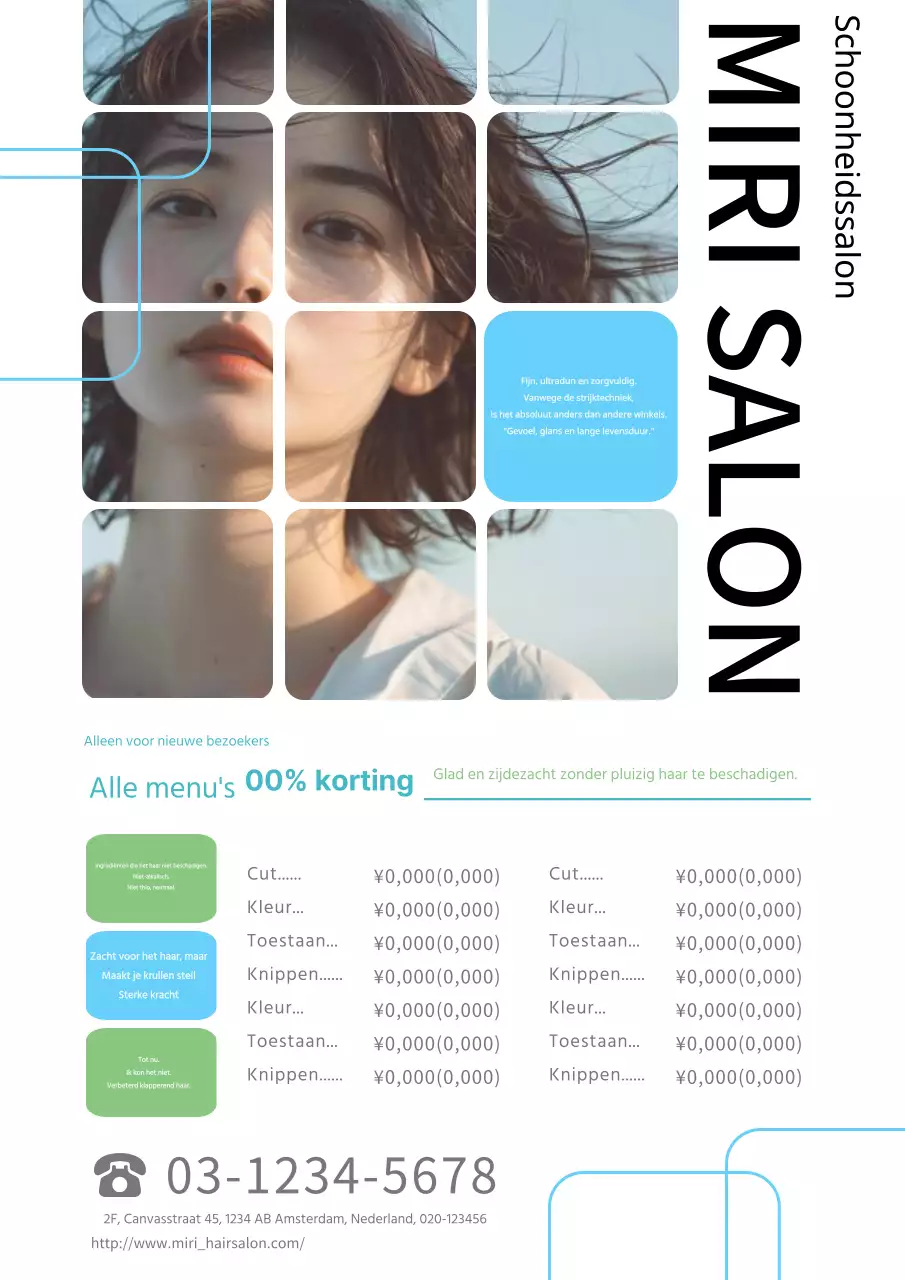 Eenvoudige en moderne kappersreclame in wit en blauw