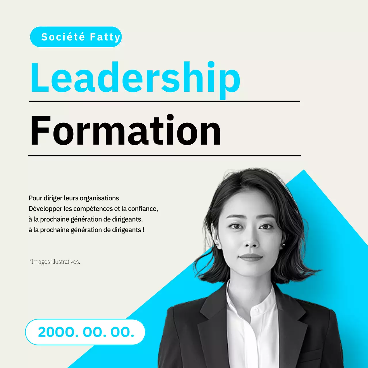 Un simple document promotionnel bleu clair et beige pour un séminaire sur la promotion de la prochaine génération de dirigeants.