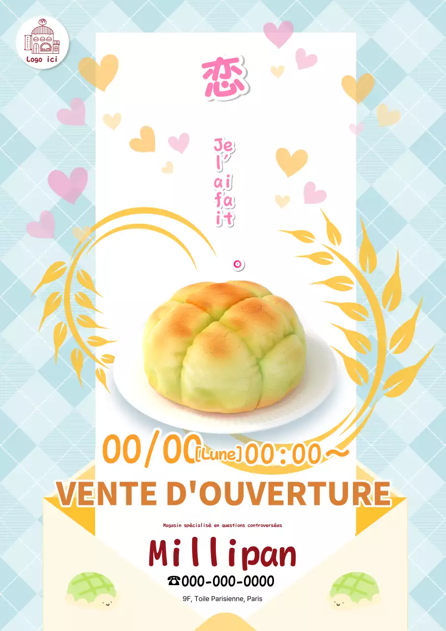 Annonce simple et mignonne d'une boulangerie de melons à vendre en bleu.