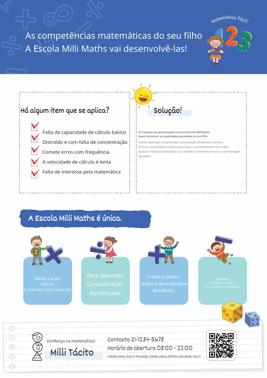Promover uma escola de matemática com uma ilustração azul de uma criança a fazer contas