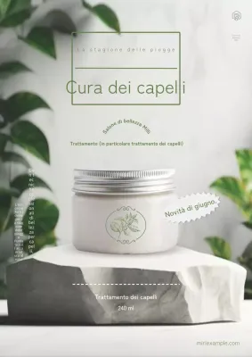 Pubblicità di articoli per la cura dei capelli verdi e grigi naturali della stagione delle piogge.