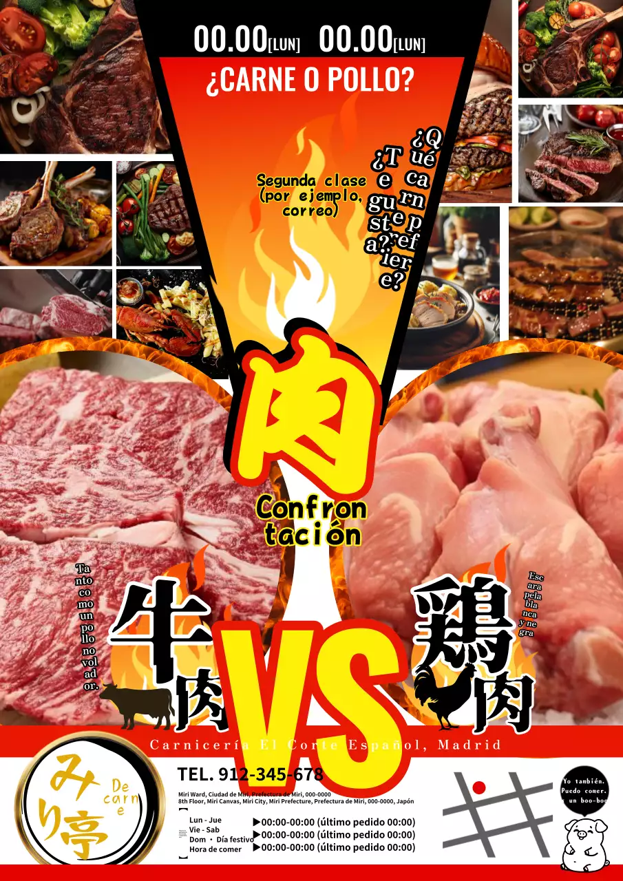 Un anuncio de carnicería rojo y caricaturescamente entusiasta