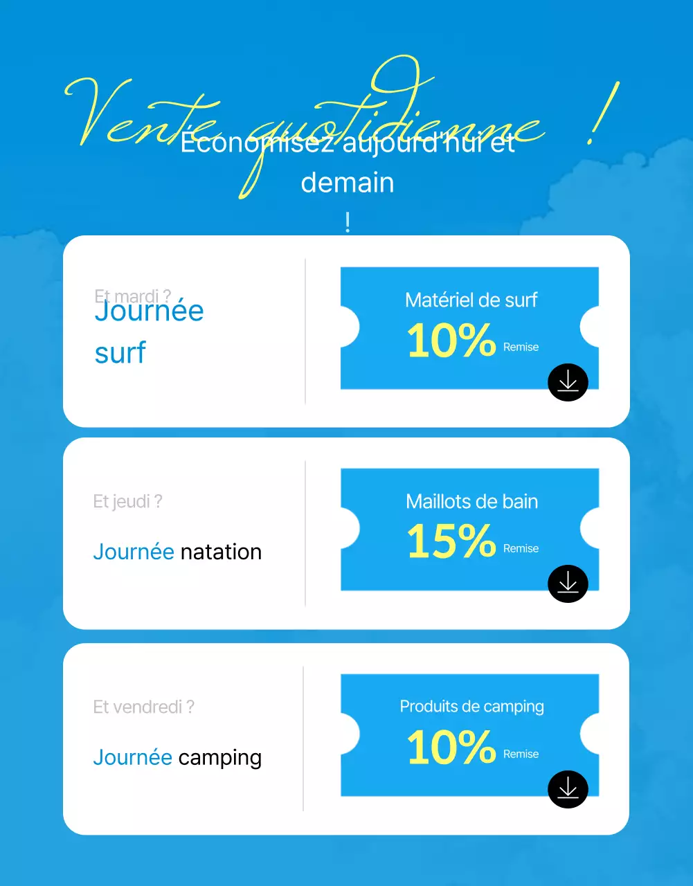 Publicité pour les soldes d'été avec des accents bleus et jaunes