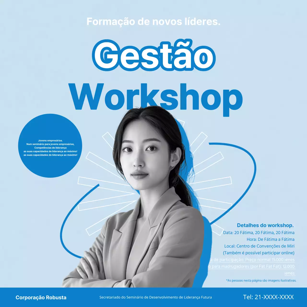 Anúncios de seminários de desenvolvimento de liderança simples em azul e branco.
