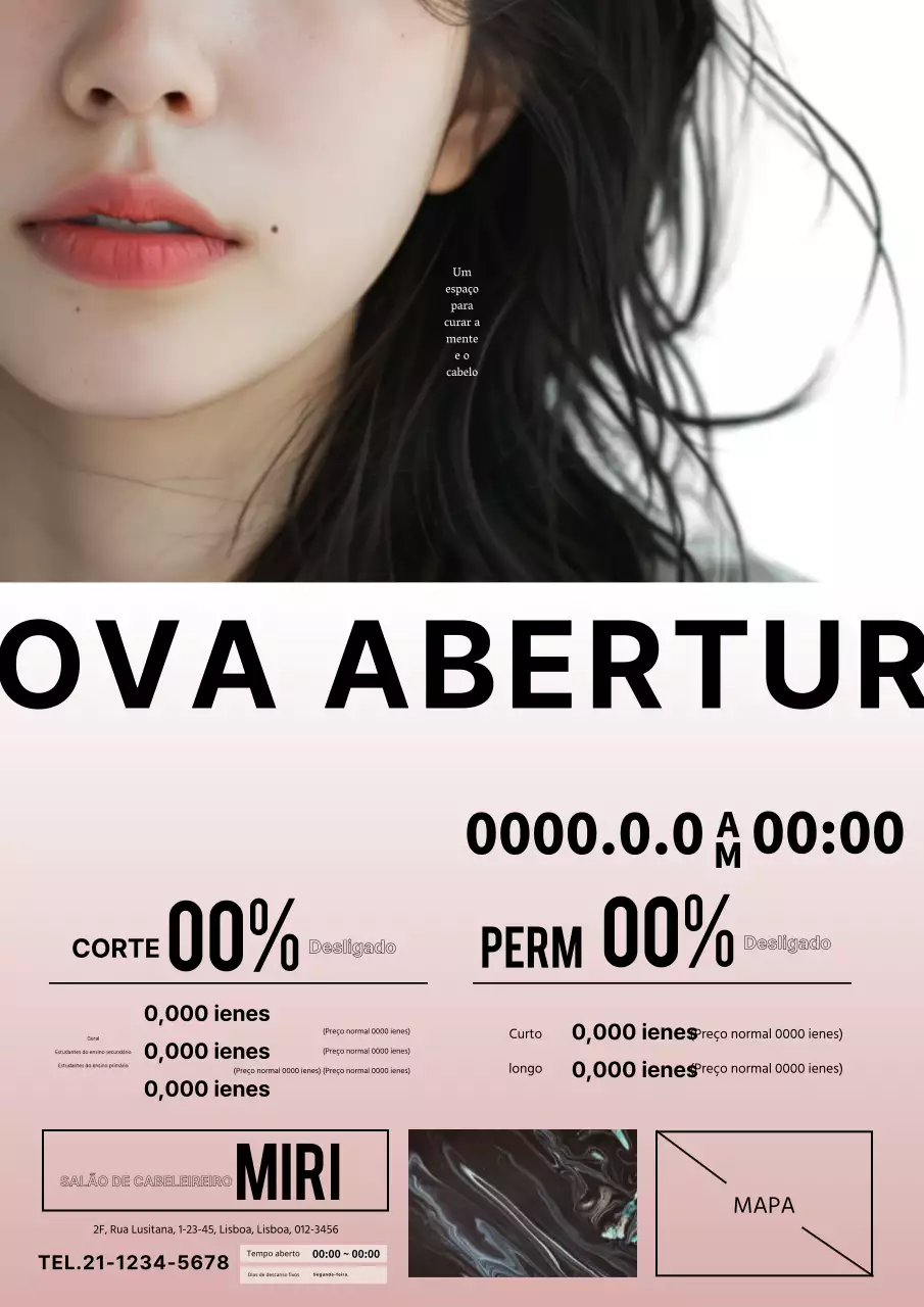 Anúncio de salão de cabeleireiro elegante e moderno em cor-de-rosa e preto