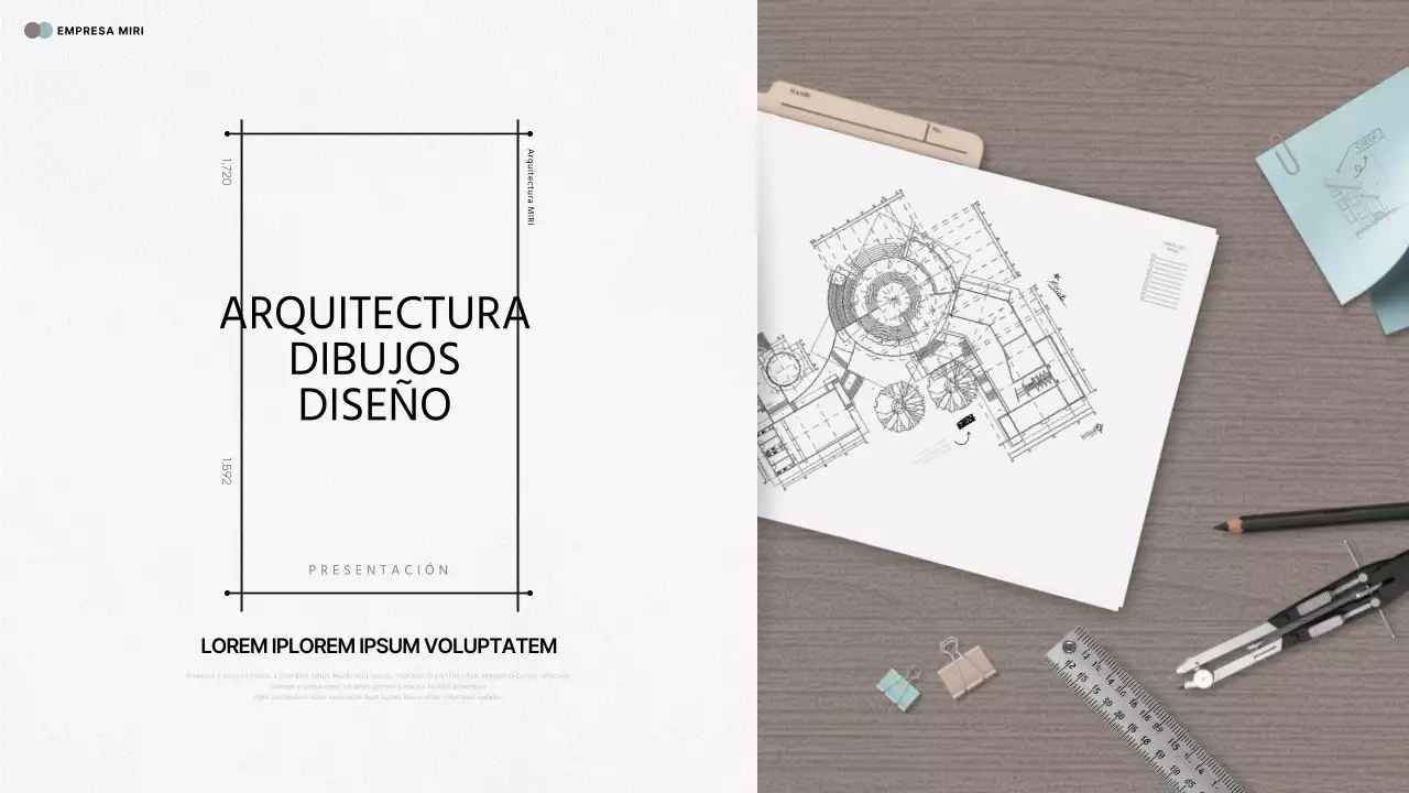 Informe de arquitectura moderna y planos en beige y azul claro