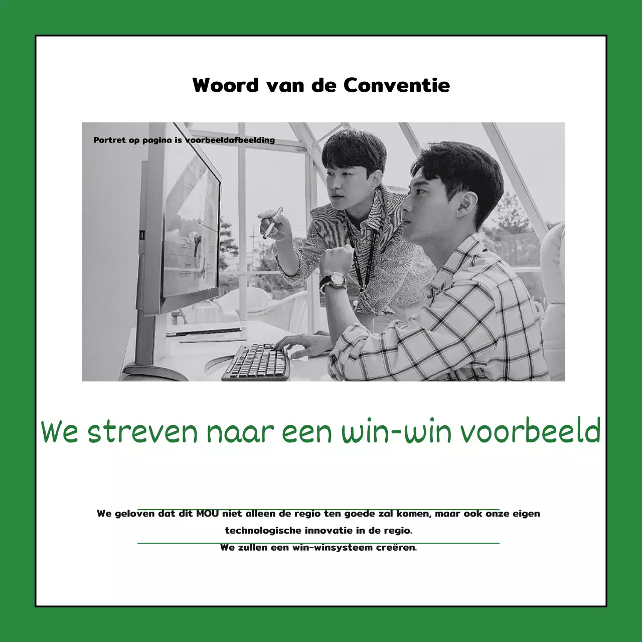 Een eenvoudige groene en kaki werkplekovereenkomst legde uit