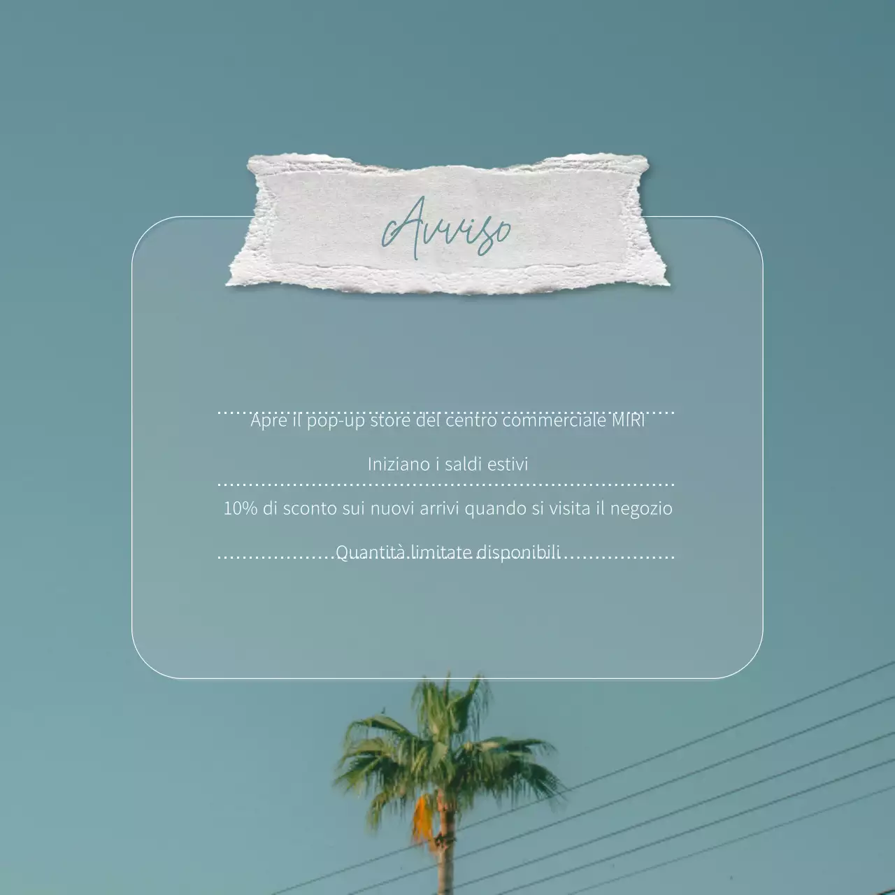 Annuncio dell'apertura di un semplice pop-up store estivo in azzurro e bianco