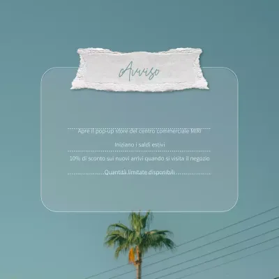 Annuncio dell'apertura di un semplice pop-up store estivo in azzurro e bianco