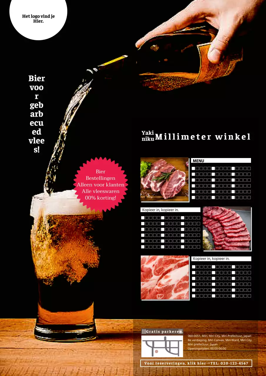 Reclame voor bier en vlees in een eenvoudige zwarte slagerij