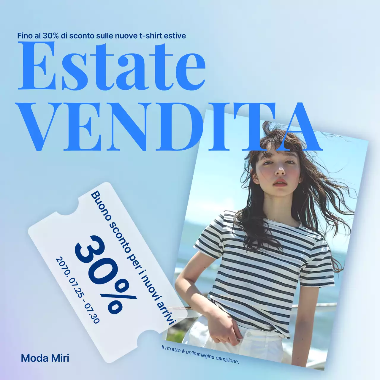 Annuncio kitsch di saldi estivi in blu e azzurro