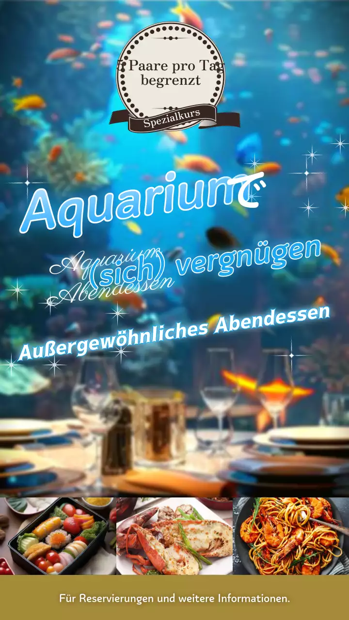 Hinweis, um Kunden für eine Abendveranstaltung in einem schicken Aquarium in Hellblau und Gold zu gewinnen.
