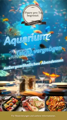Hinweis, um Kunden für eine Abendveranstaltung in einem schicken Aquarium in Hellblau und Gold zu gewinnen.