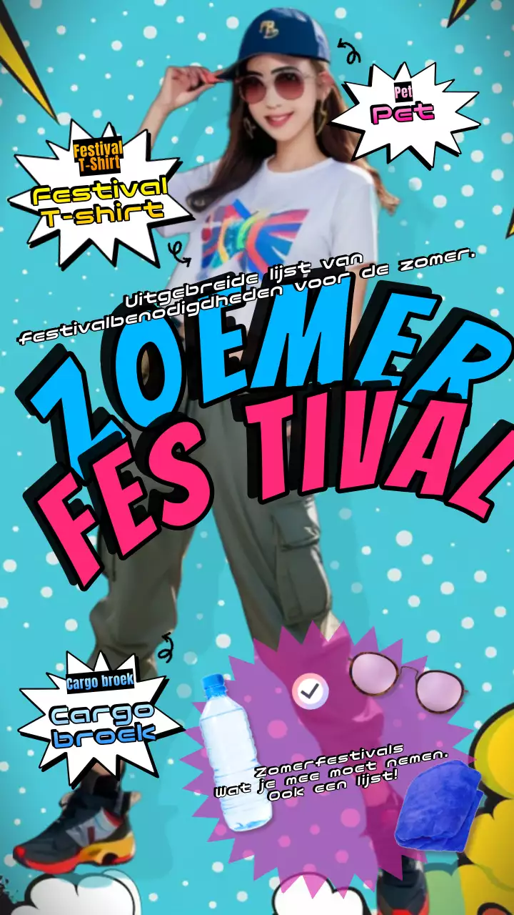 Wat te dragen en mee te nemen naar zomerfestivals voor sociale netwerkposts die roze en blauw benadrukken.