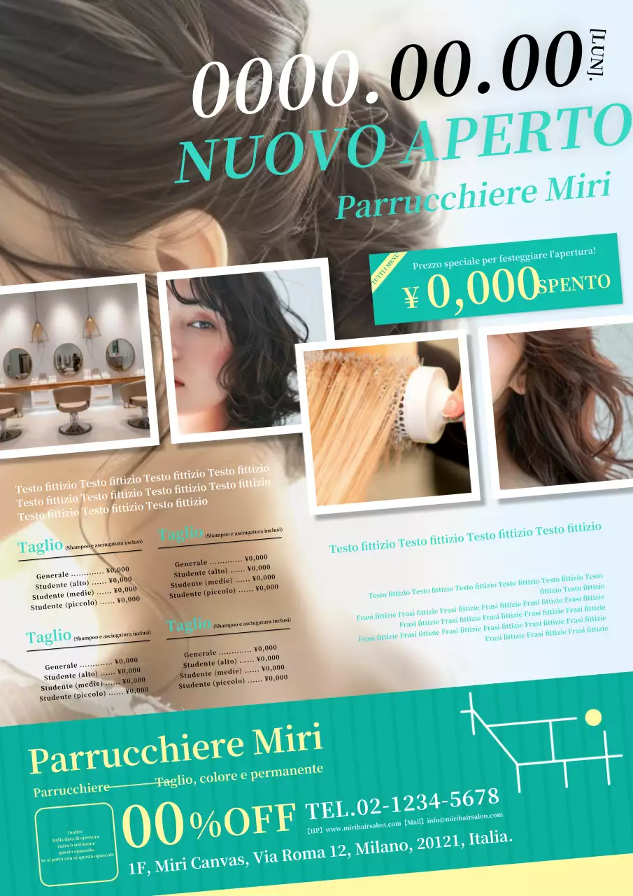 Pubblicità di un salone di parrucchieri decorato in giallo e menta.