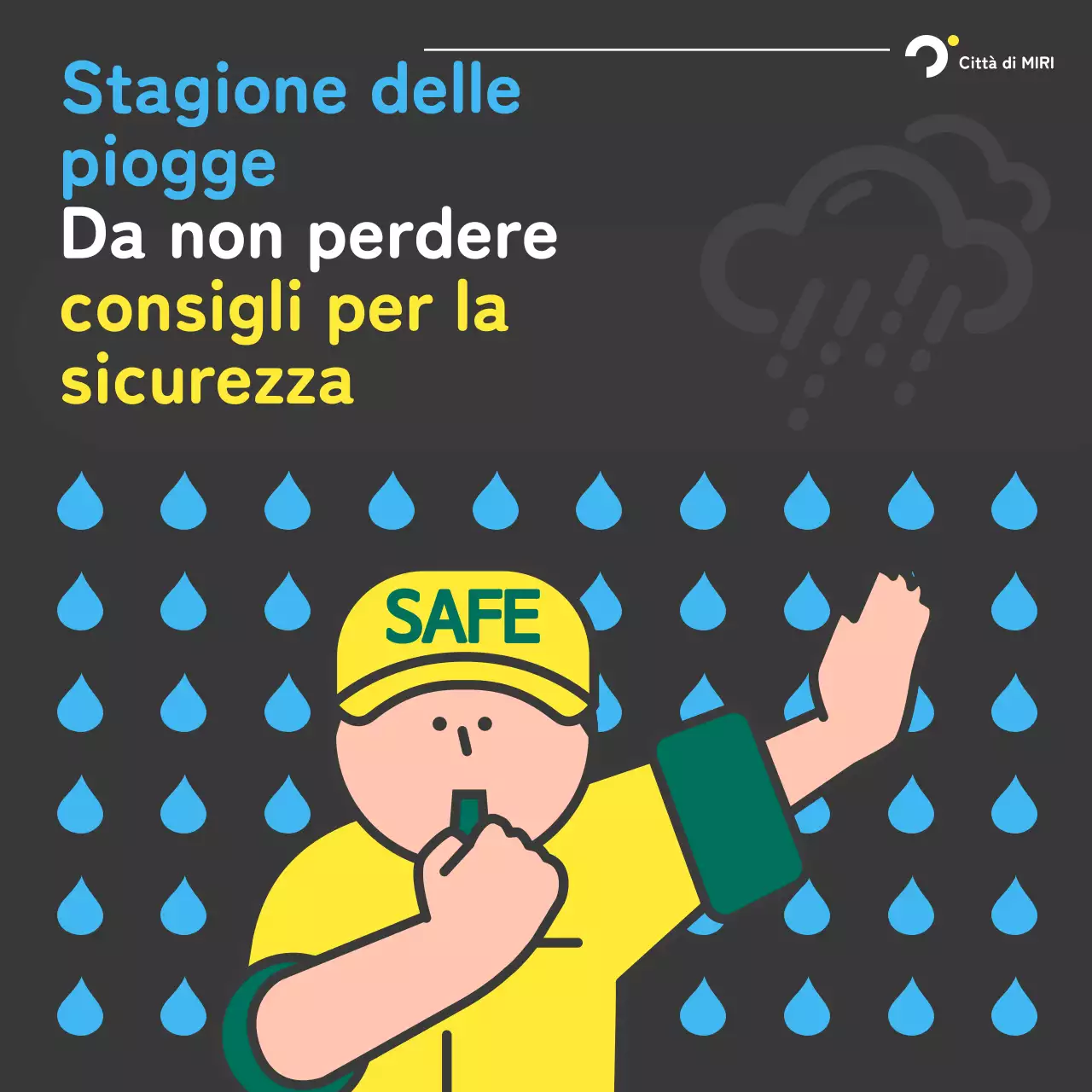 Una guida alla sicurezza per la stagione delle piogge in nero e blu, in stile pop-art
