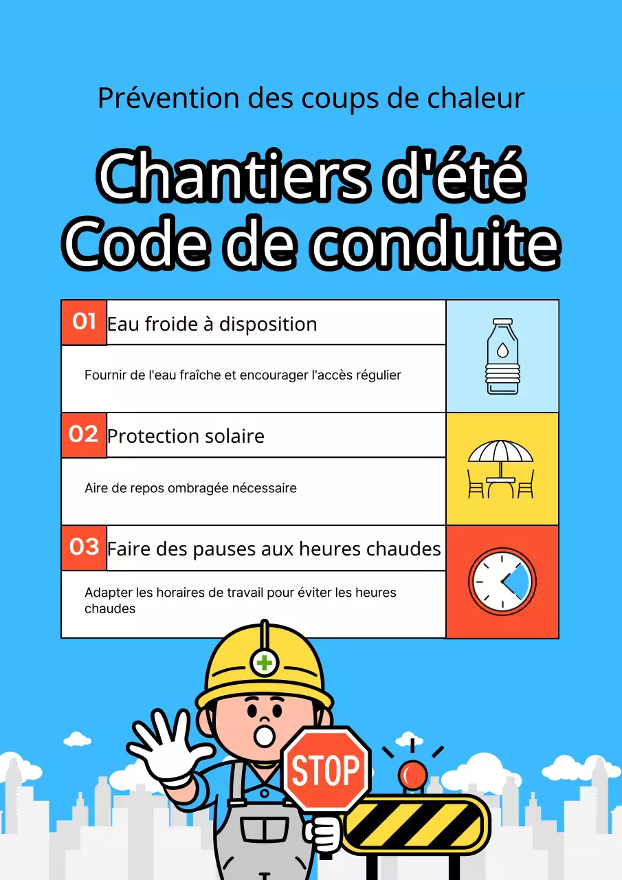 Un guide simple, bleu et rouge, pour savoir comment se comporter sur un chantier de construction en pleine effervescence
