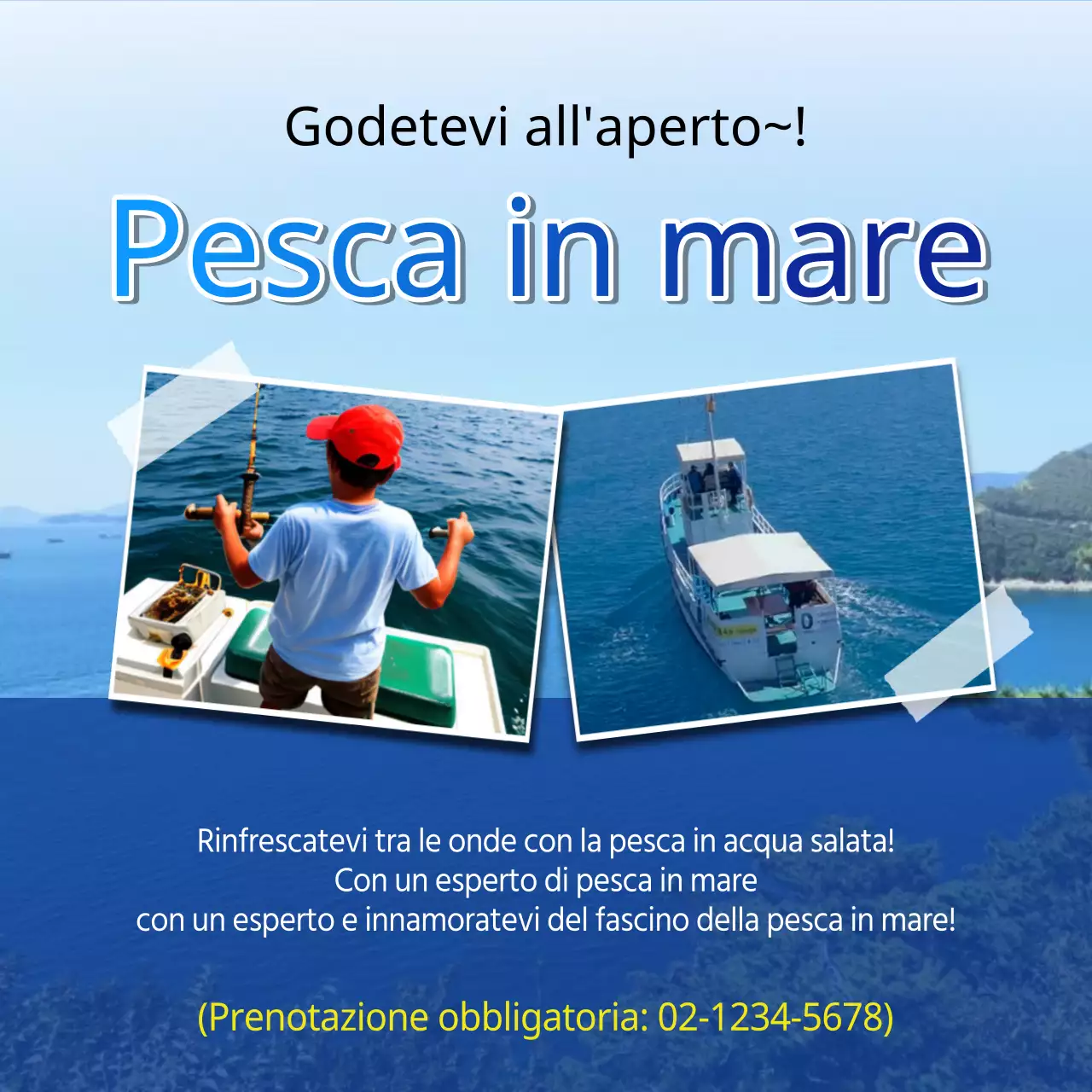 Pubblicità kitsch della pesca in mare in giallo e blu