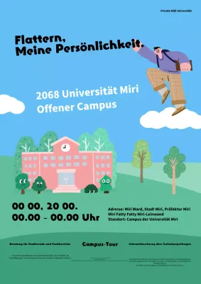 Ein einfacher hellblauer und grüner Flyer für einen offenen Campus an einer privaten nationalen Universität