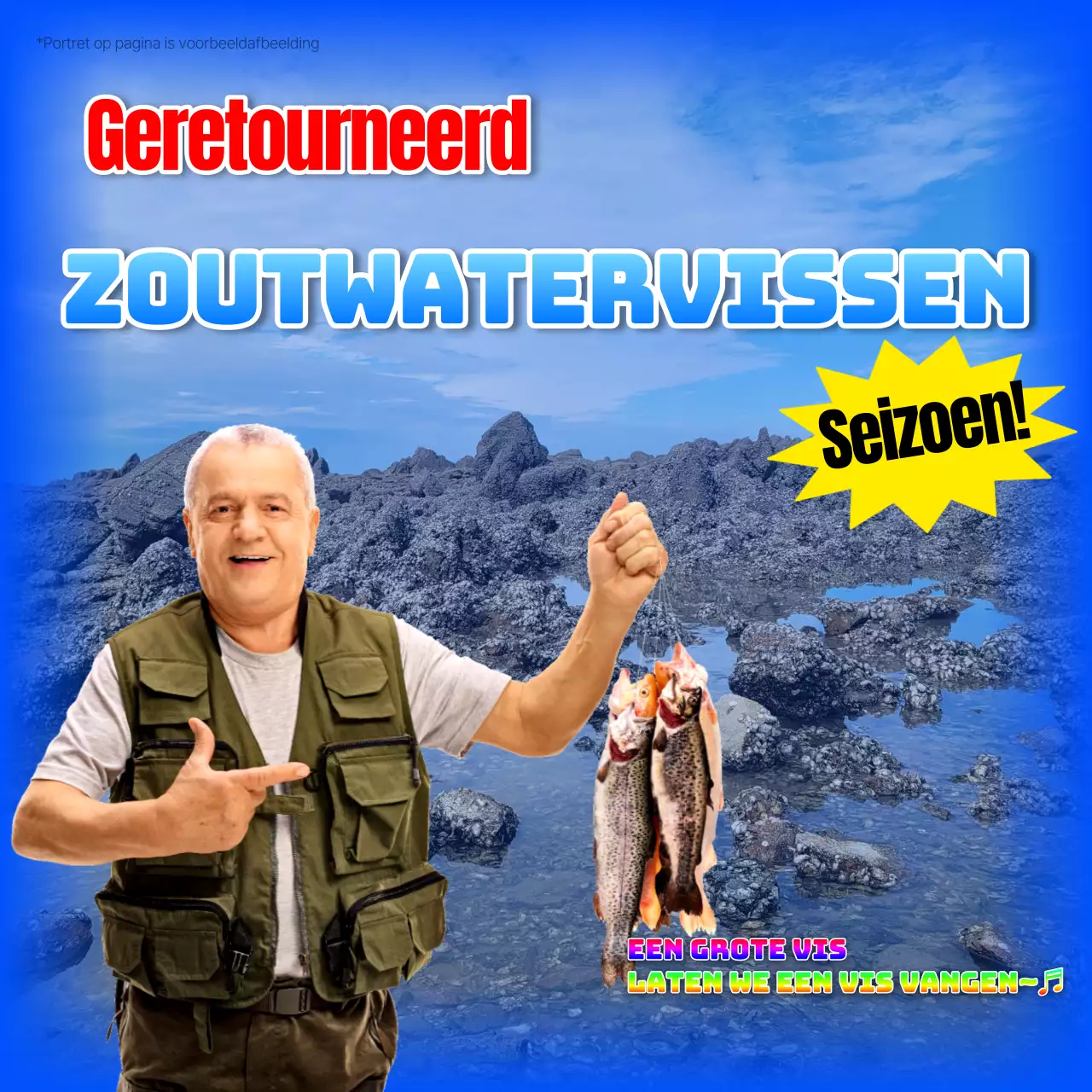 Promoot retro zeevissen op blauw en regenboog