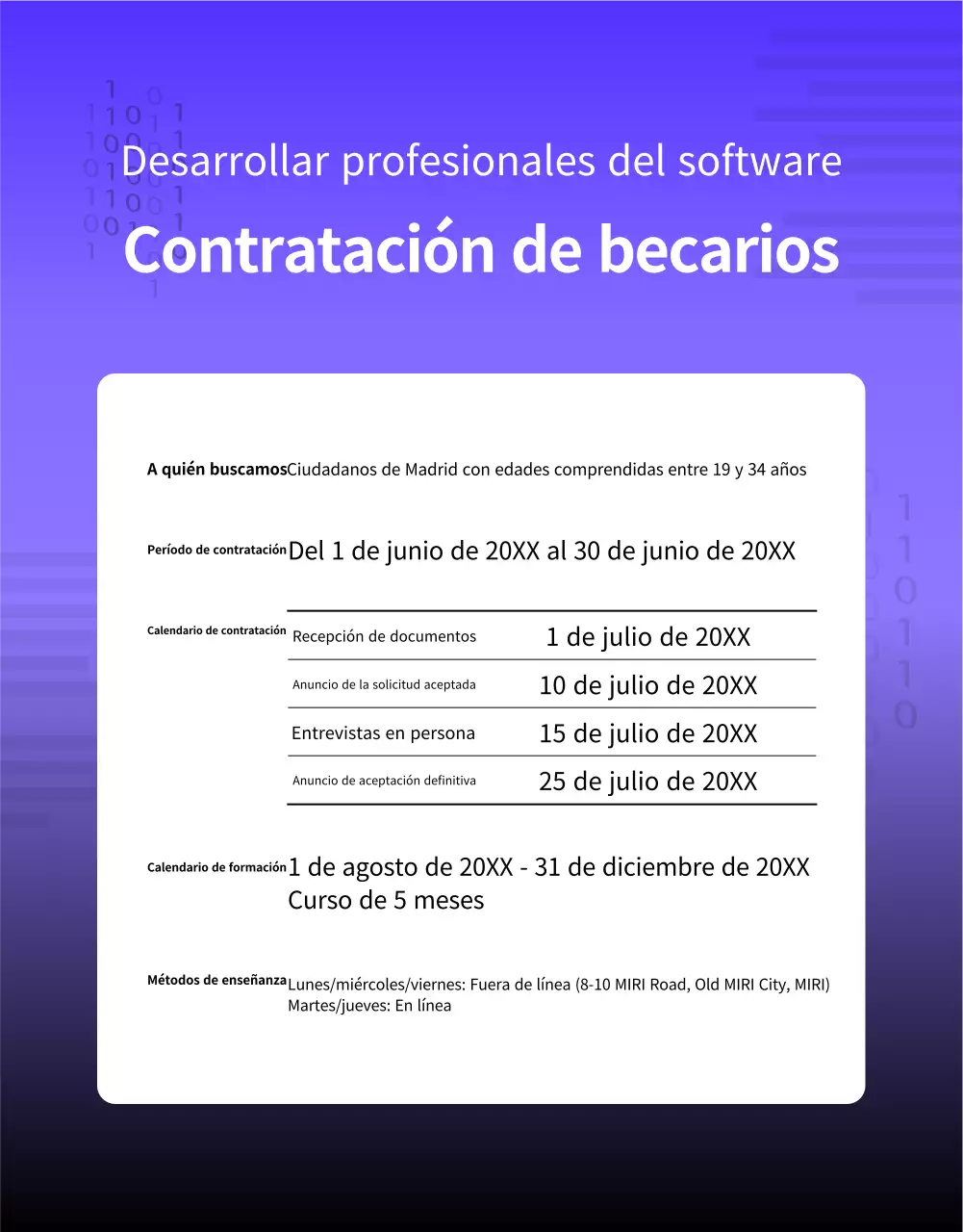 Un sencillo anuncio morado y negro de contratación de licenciados