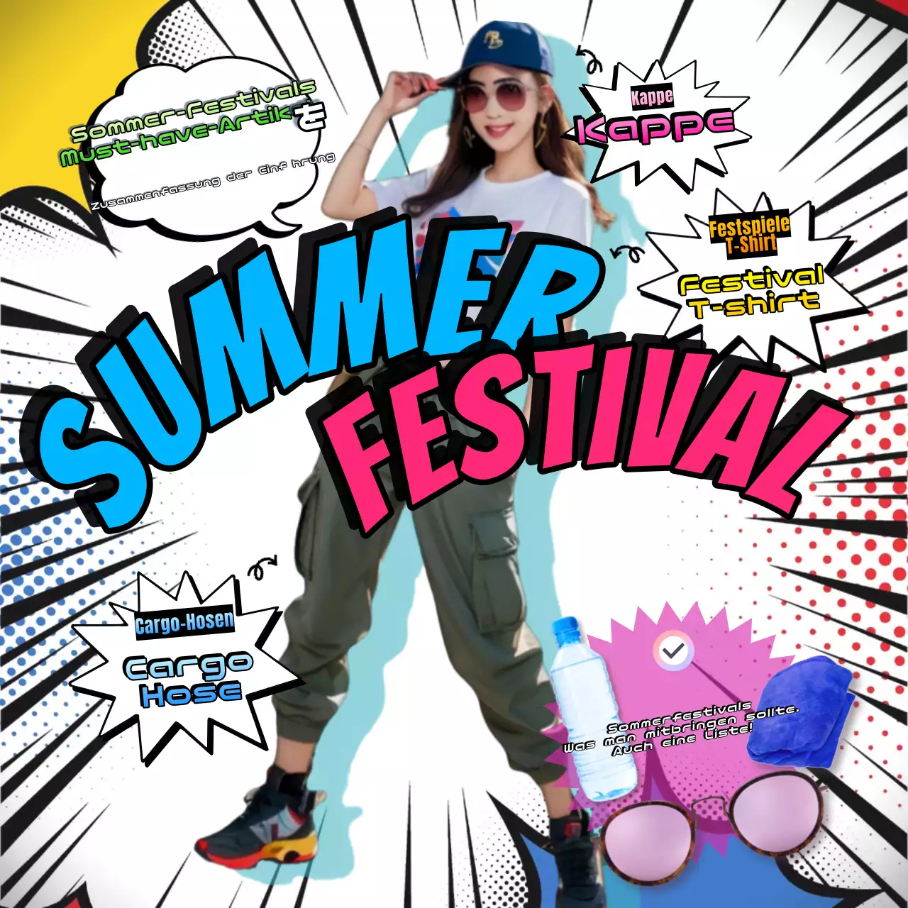 Sommerfest-Outfits und was man für Posts in sozialen Netzwerken tragen und mitbringen sollte, mit Schwerpunkt auf Rosa und Blau.