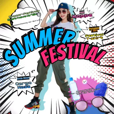 Sommerfest-Outfits und was man für Posts in sozialen Netzwerken tragen und mitbringen sollte, mit Schwerpunkt auf Rosa und Blau.