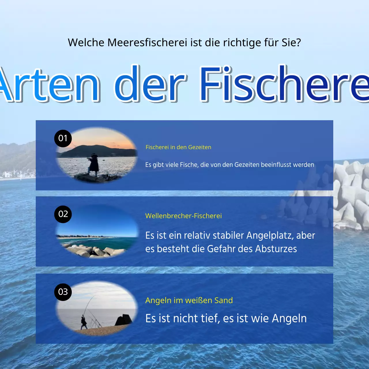 Kitschige gelbe und blaue Meeresfischerei-Werbung