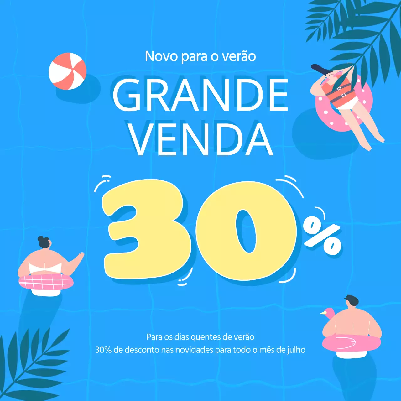Anúncio minimalista de saldos de verão em amarelo e azul claro