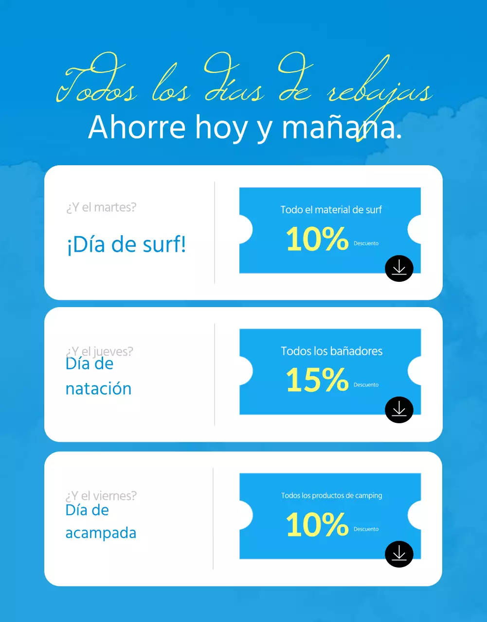 Anuncio de rebajas de verano con toques azules y amarillos