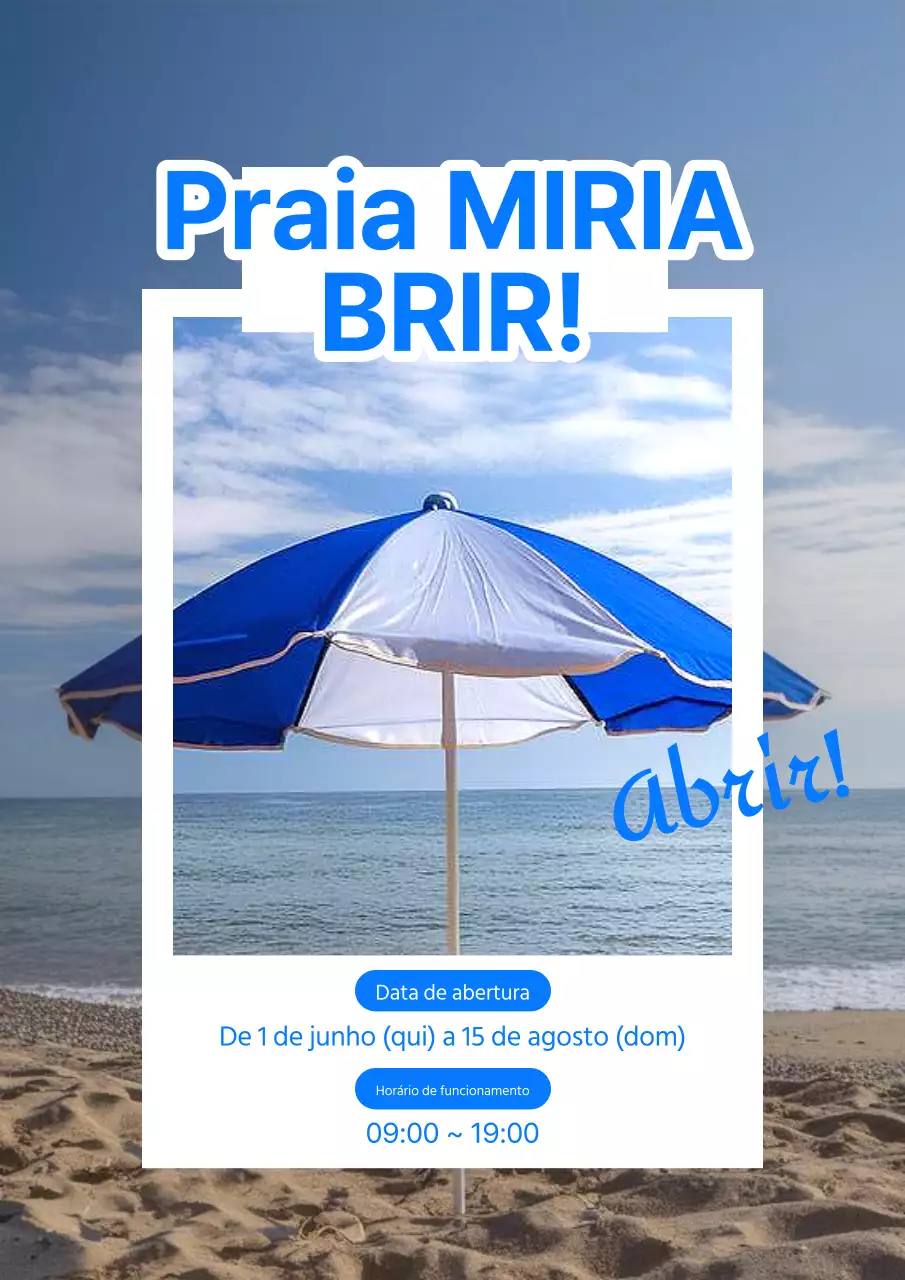 Um simples anúncio de abertura de praia em azul e branco