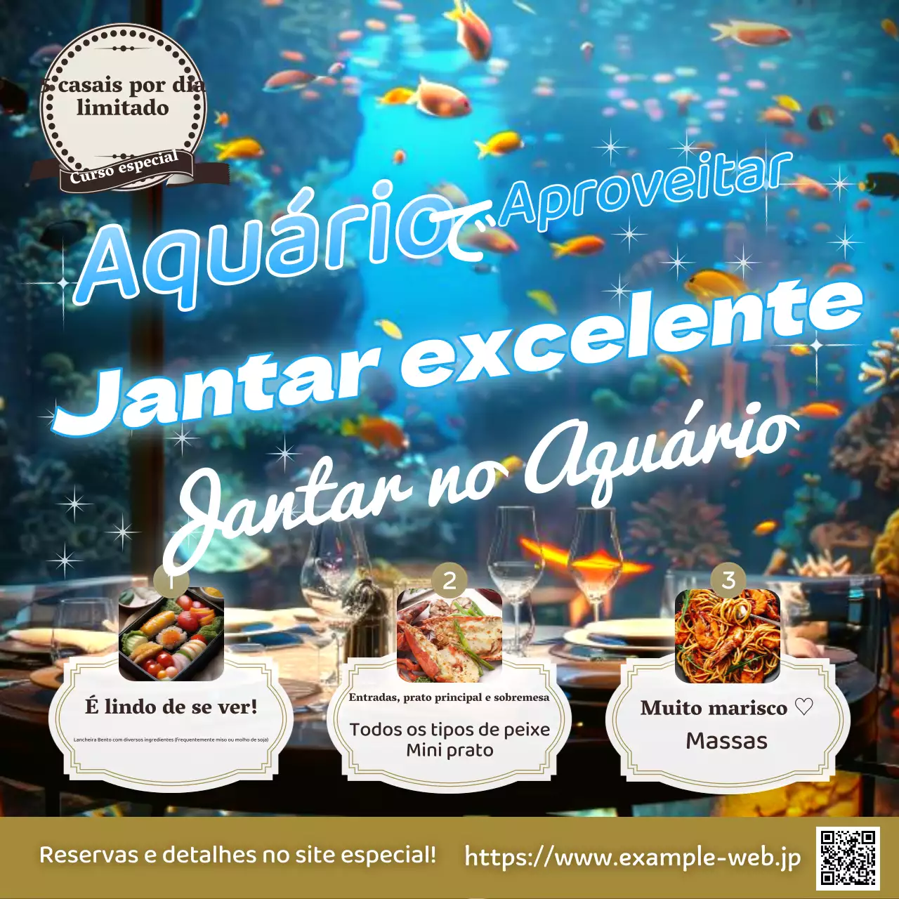 Aviso para atrair clientes para um jantar num aquário da moda em azul claro e dourado.
