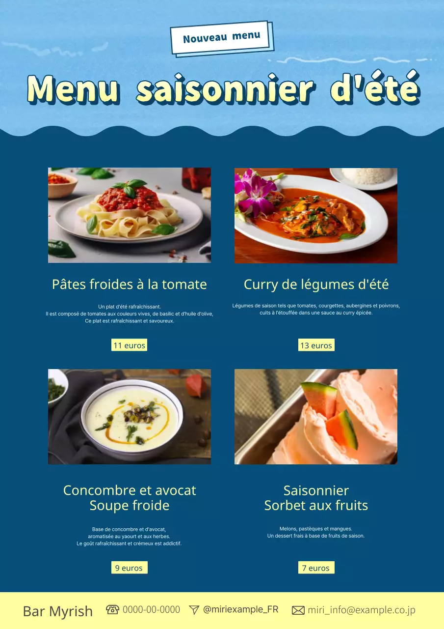 Prospectus de menu en fer d'été avec accents bleus et bleus clairs