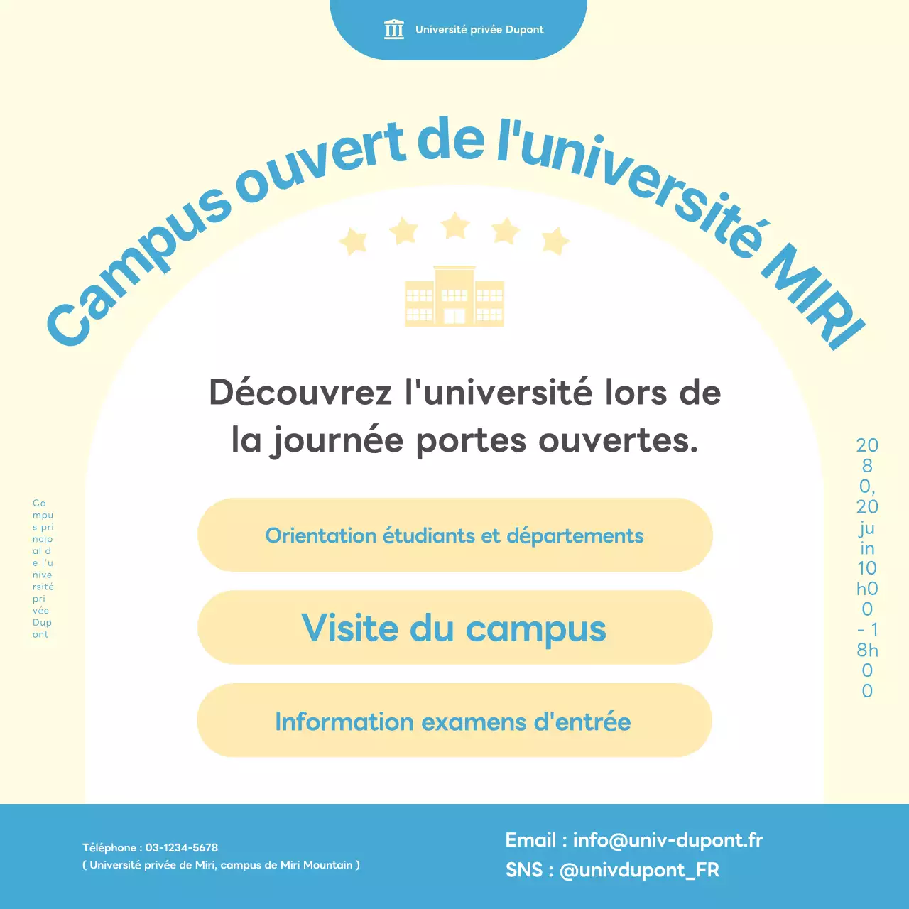 Faites la promotion du campus ouvert de votre université grâce à une palette de couleurs simples, jaune et bleu.