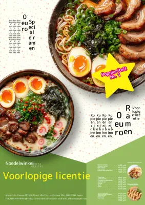 Een advertentie voor het populaire menu van een schattige beige en groene noedelwinkel!