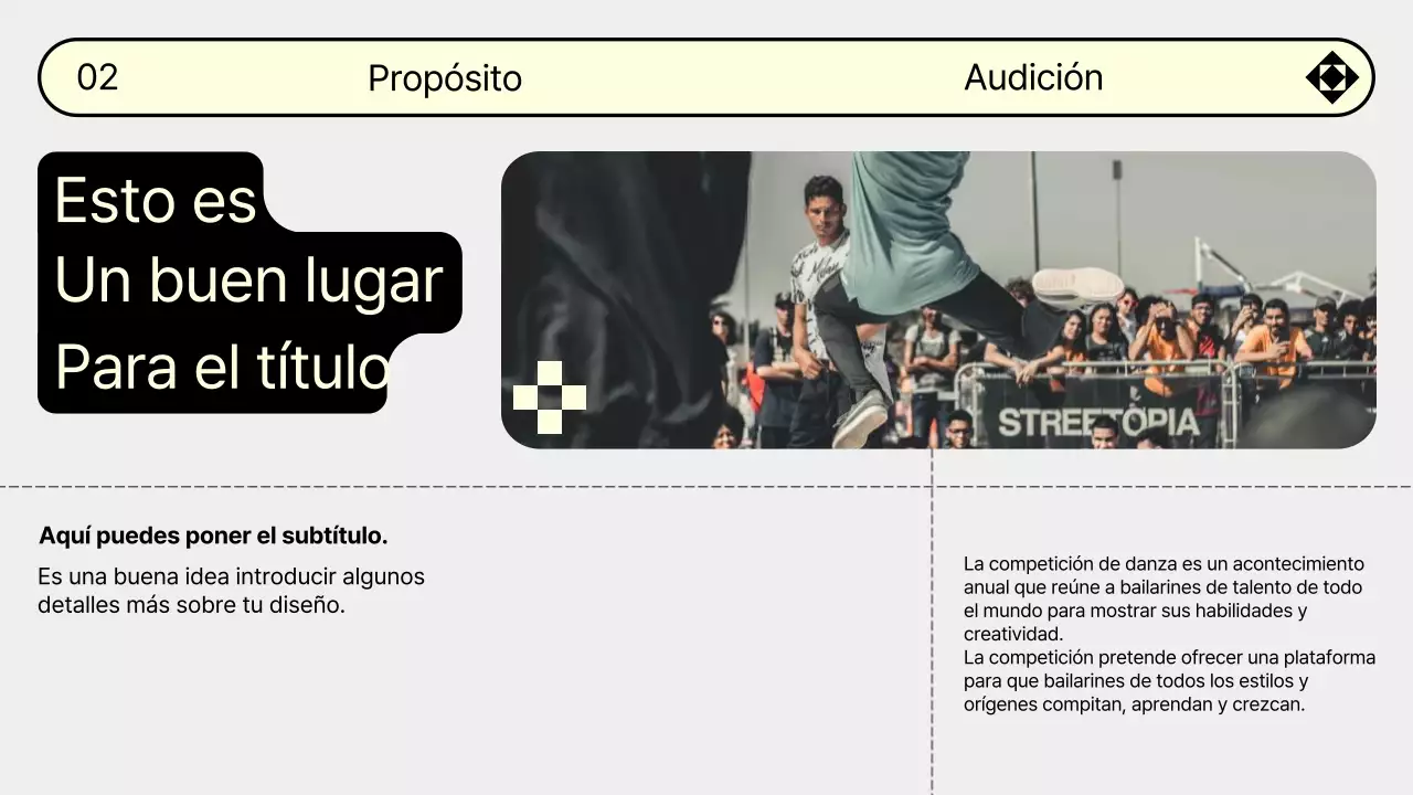 Promociona tu audición de baile con la moderna combinación de colores gris y amarillo