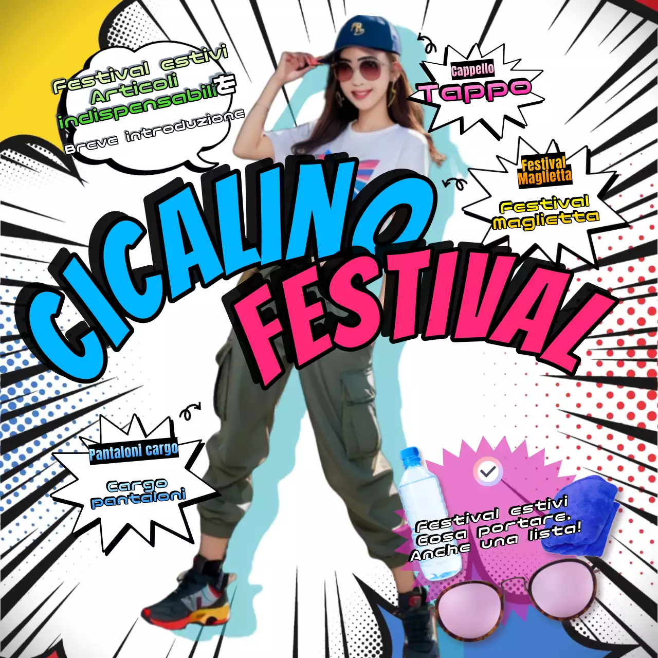 Gli outfit per i festival estivi e cosa indossare e portare con sé per i post sui social network, con particolare attenzione al rosa e al blu.