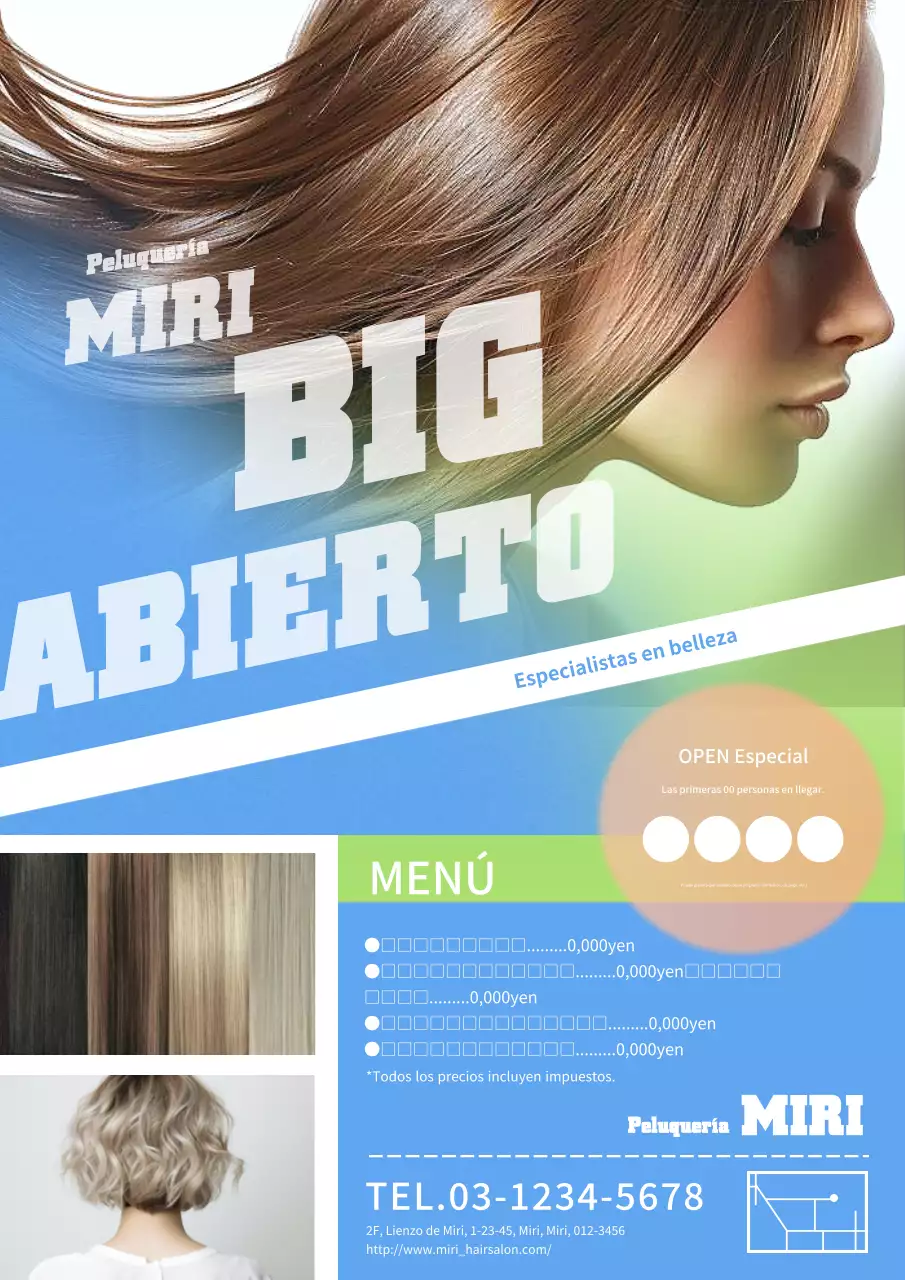 Un anuncio de peluquería moderno, pop y contemporáneo en tonos azules y verdes.