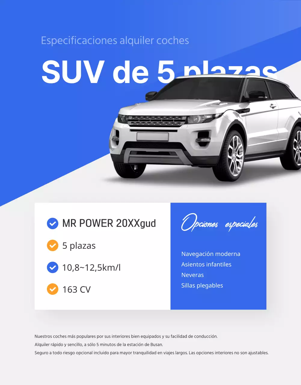 Anuncio sencillo de agencia de viajes de alquiler de coches en azul y naranja