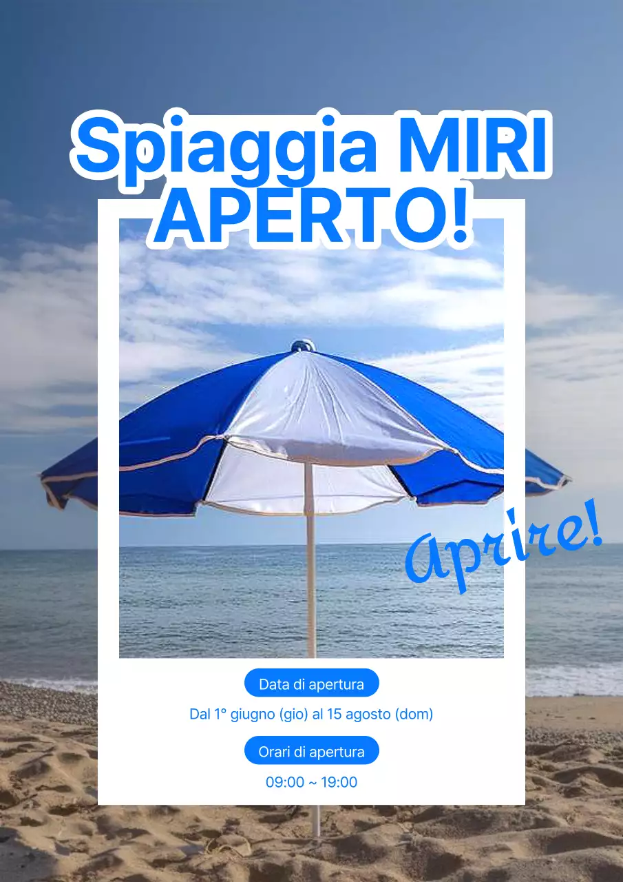 Un semplice annuncio di apertura della spiaggia in bianco e blu