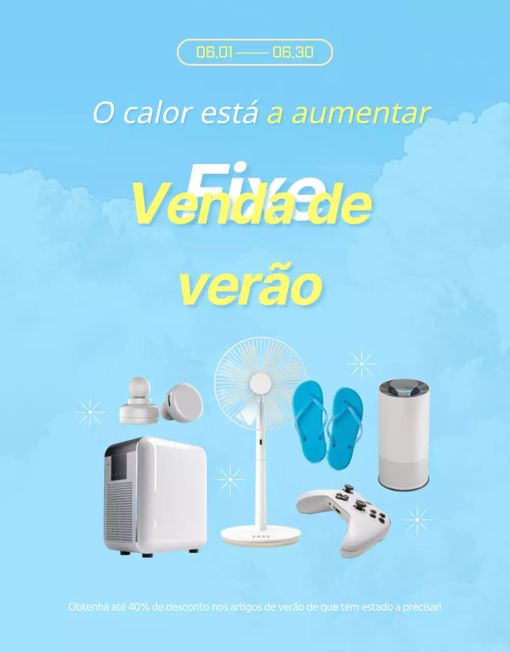 Anúncio de saldos de verão com toques azuis e amarelos