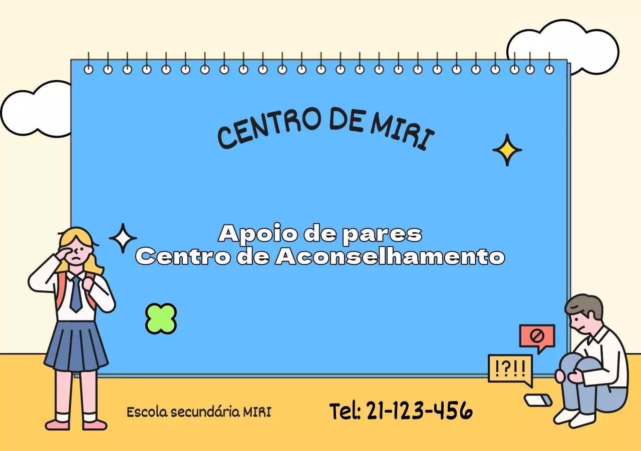 Para promoção do centro de aconselhamento com ilustrações azuis e amarelas de estudantes