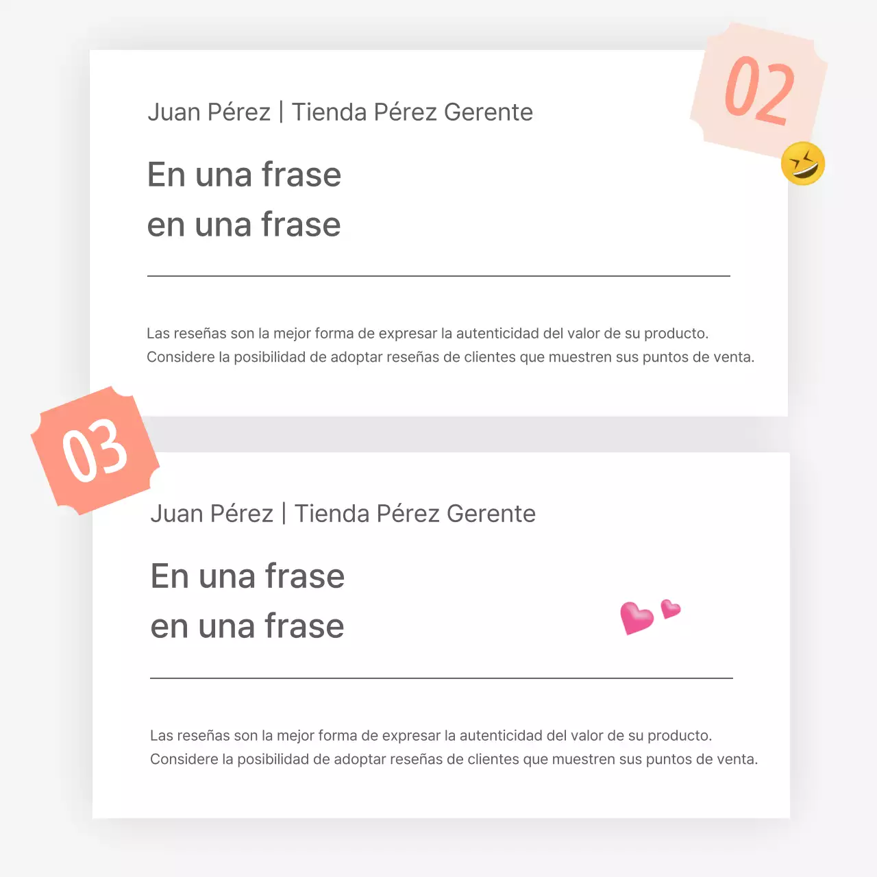 Una reseña o anuncio de una tienda de moda con un sencillo estilo de emoji blanco y gris.